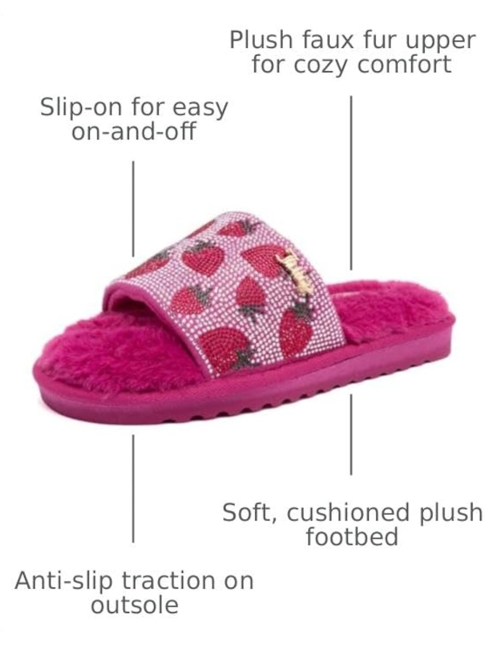 Juicy Couture Pink Plush Strawberry Slide Slippers